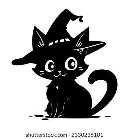 Cute kawaii black cat in witch hat. Black magic kitty silhouette. Anime cartoon style. Halloween trick or treat funny character. Vector flat illustration isolated on white background.