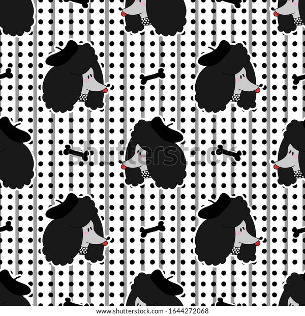 骨のシームレスなベクター画像柄のかわいいかわいい黒いプーディーな子犬 笑顔の動物の背景に日本風の漫画 フランスの犬ぞりの かわいらしい少女の手描きのスケッチ のベクター画像素材 ロイヤリティフリー