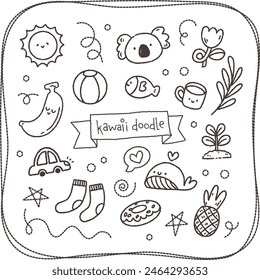 cute kawaii black and white doodle drawing illustration set