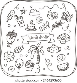 cute kawaii black and white doodle drawing illustration set