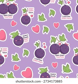 Cute Kawaii Blackcurrant Seamless Pattern. Romantic Berry Currant Puns and Hearts on Purple Background. Cartoon Valentine Sticker Characters for Holiday Design. Vector Square illustration