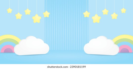 cute kawaii blue backdrop with white cloud and rainbow and star 3d illustration vector