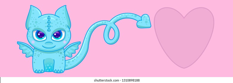Cute kawaii blue cartoon dragon with a heart on a long tail, dragon with big passionate magic eyes. Cute calm pink background with heart and place for text. Dragon bright for children's illustration.
