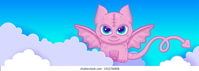 Cute kawaii blue cartoon dragon with a heart on a long tail,dragon with big passionate magic eyes. Cute calm pink background with heart and place for text. Dragon in the clouds children's illustration