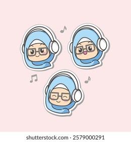 Cute and kawaii blue Hijab Girl Listening music on Headset earphone Pose, Chibi Illustration