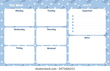 Cute kawaii blue pastel weekly planner template design