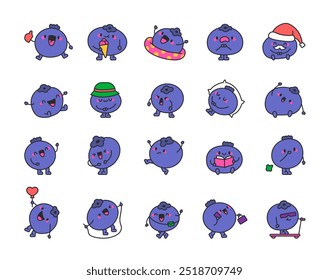 Cute kawaii blueberry. Cartoon food character. Hand drawn style. Vector drawing. Collection of design elements.