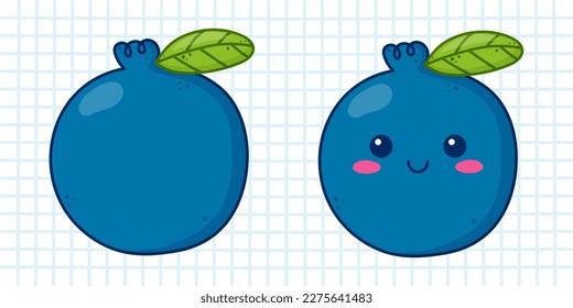 Cute kawaii personaje de arándano azul con emoción de alegría. Ilustración vectorial sobre fondo de jaula azul.