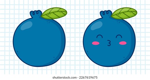 Cute kawaii blueberry character with kissing gesture. Vector illustration on blue cage background.