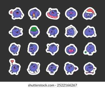 Cute kawaii blueberry. Sticker Bookmark. Cartoon food character. Hand drawn style. Vector drawing. Collection of design elements.