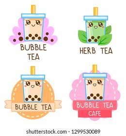 Cute Kawaii Boba Bubble milk tea logo, Flat cartoon vector illustration isolated on EPS10.