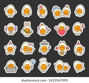 Cute kawaii boiled egg with funny faces. Sticker Bookmark. Cartoon happy food characters. Hand drawn style. Vector drawing. Collection of design elements.