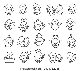 Cute kawaii boiled egg with funny faces. Coloring Page. Cartoon happy food characters. Hand drawn style. Vector drawing. Collection of design elements.