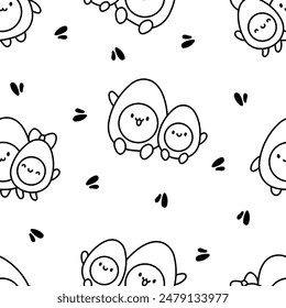 Cute kawaii boiled egg with funny faces. Seamless pattern. Coloring Page. Cartoon happy food characters. Hand drawn style. Vector drawing. Design ornaments.