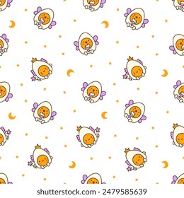 Cute kawaii boiled egg with funny faces. Seamless pattern. Cartoon happy food characters. Hand drawn style. Vector drawing. Design ornaments.