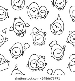 Cute kawaii boiled egg with funny faces. Seamless pattern. Coloring Page. Cartoon happy food characters. Hand drawn style. Vector drawing. Design ornaments.