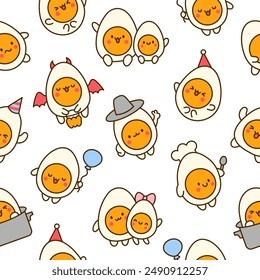 Cute kawaii boiled egg with funny faces. Seamless pattern. Cartoon happy food characters. Hand drawn style. Vector drawing. Design ornaments.