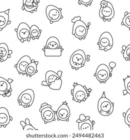 Cute kawaii boiled egg with funny faces. Seamless pattern. Coloring Page. Cartoon happy food characters. Hand drawn style. Vector drawing. Design ornaments.