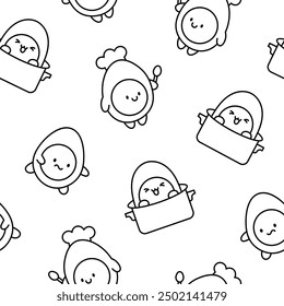 Cute kawaii boiled egg with funny faces. Seamless pattern. Coloring Page. Cartoon happy food characters. Hand drawn style. Vector drawing. Design ornaments.