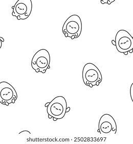 Cute kawaii boiled egg with funny faces. Seamless pattern. Coloring Page. Cartoon happy food characters. Hand drawn style. Vector drawing. Design ornaments.