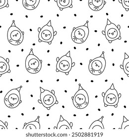 Cute kawaii boiled egg with funny faces. Seamless pattern. Coloring Page. Cartoon happy food characters. Hand drawn style. Vector drawing. Design ornaments.