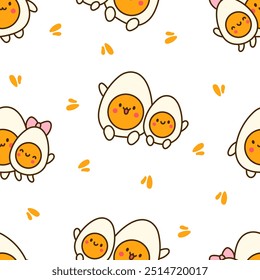 Kawaii bonito ferveu ovo com rostos engraçados. Padrão contínuo. Cartoon personagens de comida feliz. Estilo desenhado à mão. Desenho vetorial. Desenhar ornamentos.