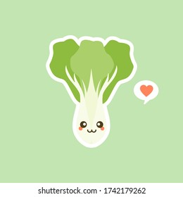 Cute And Kawaii Bok Choi, Also Pak-choi Cabbage Vector Illustration In Cartoon Flat Style Isolated On Color Background. Chinese Kale. Bok Choy Character
