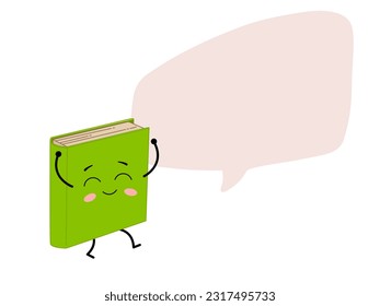 Cute kawaii book with a big speech bubble. Cartoon character green notebook with a place for text. Vector illustration isolated on white background