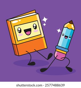 Cute kawaii book and pencil vector illustration