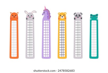 Cute kawaii bookmarks with place for notes with animal faces of cat, rabbit, frog, unicorn, panda, bear for kids. Hand drawn cartoon stationery for books and reading. Vector back to school doodle.