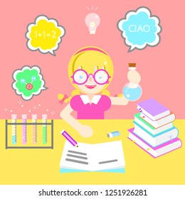 cute kawaii bookworm girl learning concept with colorful text box speech bubble in pink background,flat vector illustration cartoon design,isolated  character costume cartoon brainstrom concept
