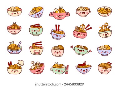 Cute kawaii bowl of noodles. Ramen food cartoon character. Hand drawn style. Vector drawing. Collection of design elements.