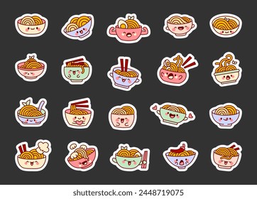 Cute kawaii bowl of noodles. Sticker Bookmark. Ramen food cartoon character. Hand drawn style. Vector drawing. Collection of design elements.