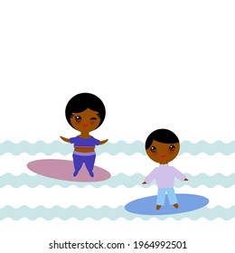 Cute Kawaii boy and girl. Cartoon children, surfing, swim on surfboards in the ocean, isolated on white background. Can be used for card banner design for your text. Vector