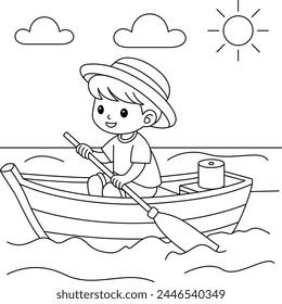 Lindo kawaii Boy Kayaking Caricatura de verano para colorear Ilustración vectorial de página	