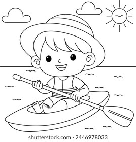 Cute kawaii Boy Kayaking Summer cartoon character coloring page vector illustration