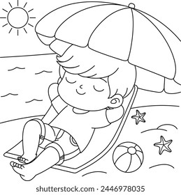 Cute kawaii Boy lying on the beach Summer cartoon character coloring page vector illustration