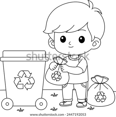 Cute kawaii the boy is sorting trash and throwing trash into the bin cartoon character coloring page vector illustration