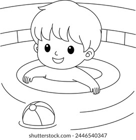 Cute kawaii Boy in Swimming Pool Summer cartoon character coloring page vector illustration