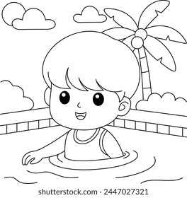 Cute kawaii Boy in Swimming Pool Summer cartoon character coloring page vector illustration