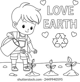 Cute kawaii boy watering tree. Earth day coloring page for children. A kid planting a tree. Save the planet. Zero waste. Black and white cartoon character vector illustration.