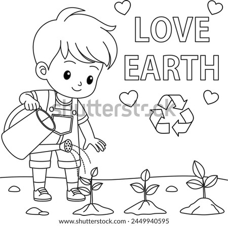 Cute kawaii boy watering tree. Earth day coloring page for children. A kid planting a tree. Save the planet. Zero waste. Black and white cartoon character vector illustration.