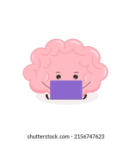 Cute Kawaii Brain. Funny Human Brain Character Works With Computer. Cartoon Flat Style. Vector Illustration