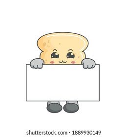 cute kawaii bread characters standing behind a board