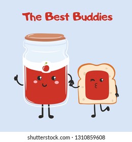 Cute kawaii bread and cherry jam illustration with quote The Best Buddies, for valentine’s day card design