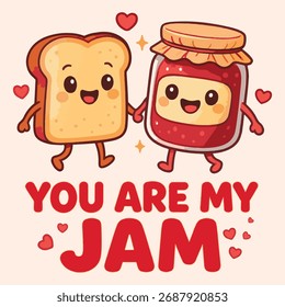 Pão Kawaii bonito e emperramento segurando as mãos, você é minha ilustração do trocadilho do emperramento, adorável café da manhã par desenhos animados T-shirt Design 