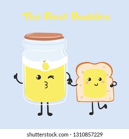 Cute kawaii bread and lemon jam illustration with quote The Best Buddies, for valentine’s day card design