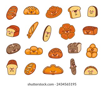 Lindo pan kawaii con cara sonriente. Personajes de dibujos animados de comida panadería. Estilo dibujado a mano. Dibujo vectorial. Colección de elementos de diseño.