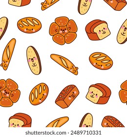 Cute kawaii bread with smiley face. Seamless pattern. Bakery food cartoon characters. Hand drawn style. Vector drawing. Design ornaments.