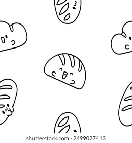 Cute kawaii bread with smiley face. Seamless pattern. Coloring Page. Bakery food cartoon characters. Hand drawn style. Vector drawing. Design ornaments.